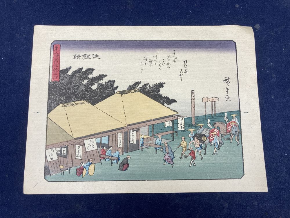 Two Japanese woodblock prints, 21 x 28cm and three painted unmounted fan leaves